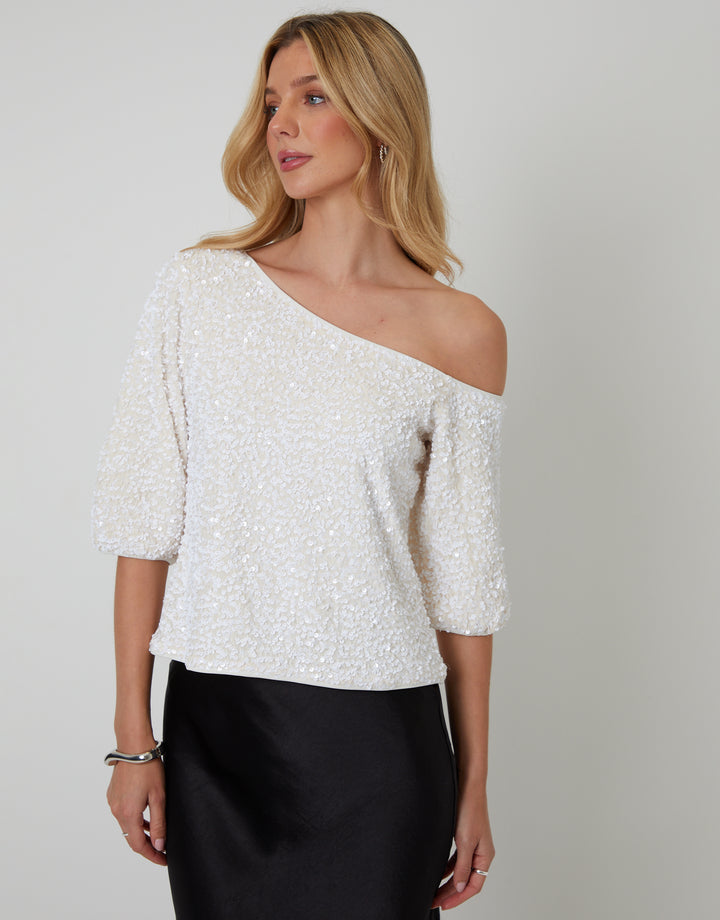 White Sequin Velour Slash Neck Top