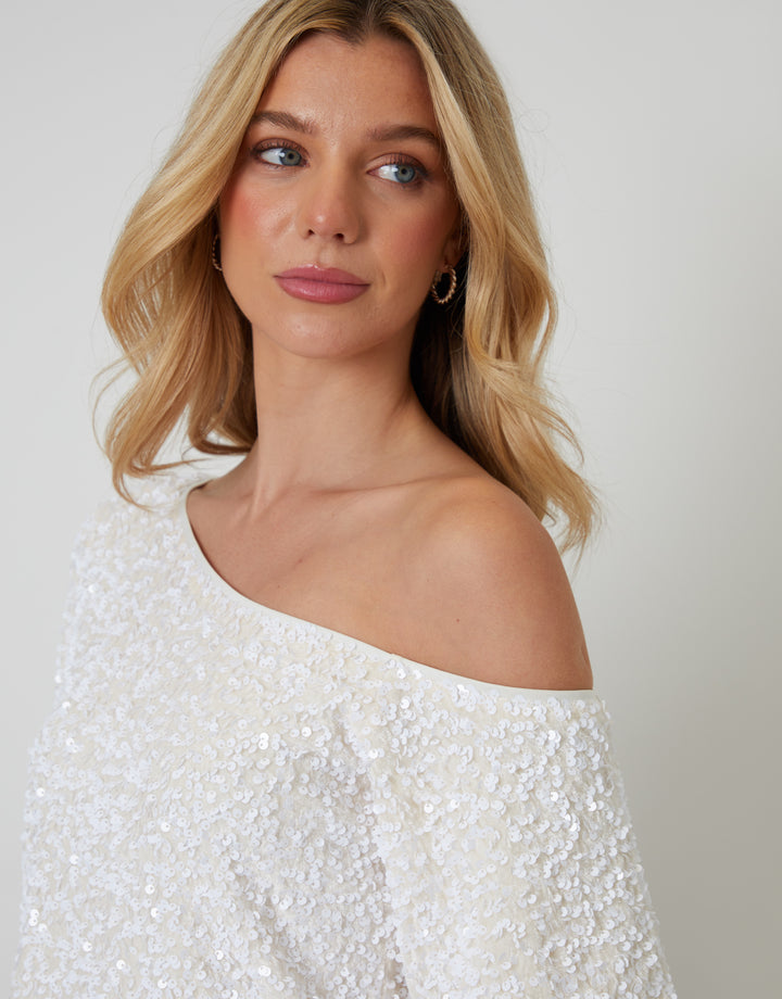 White Sequin Velour Slash Neck Top