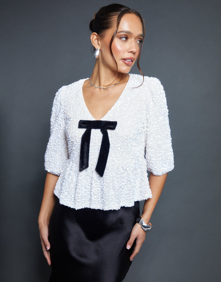White Sequin Velour Bow Detail Blouse
