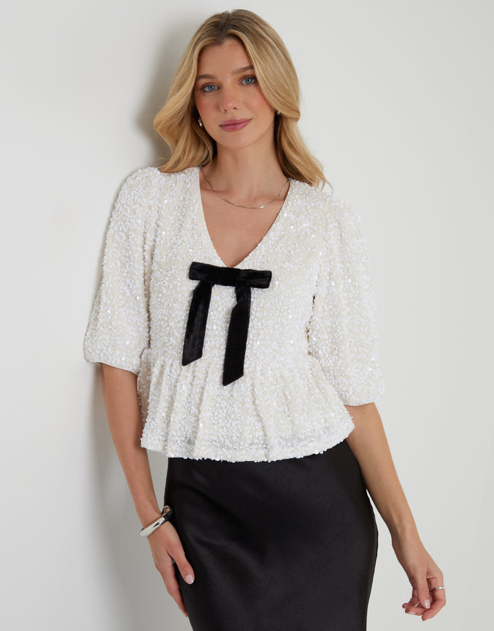 White Sequin Velour Bow Detail Blouse