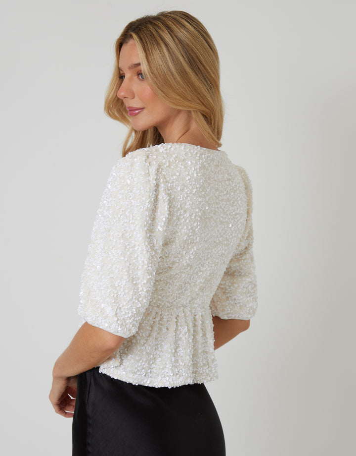 White Sequin Velour Bow Detail Blouse