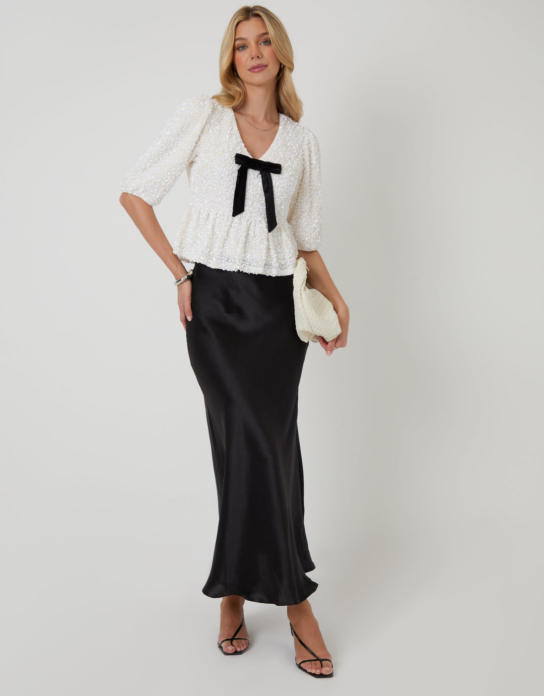 White Sequin Velour Bow Detail Blouse