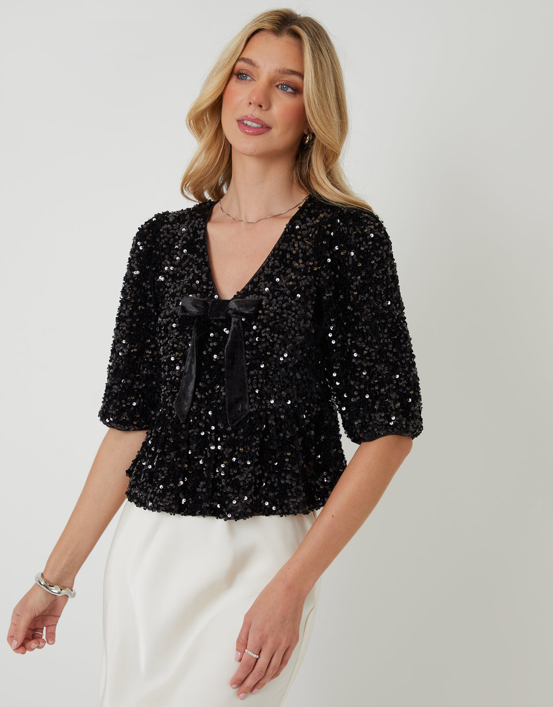 Black Sequin Velour Bow Detail Blouse