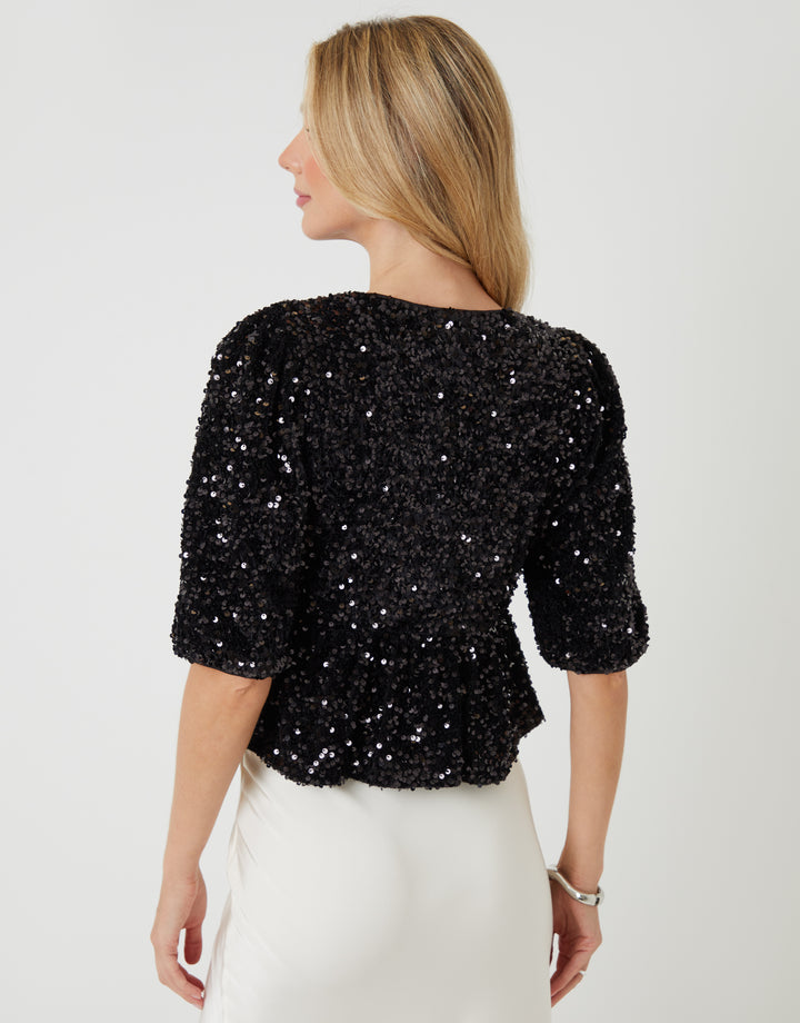 Black Sequin Velour Bow Detail Blouse