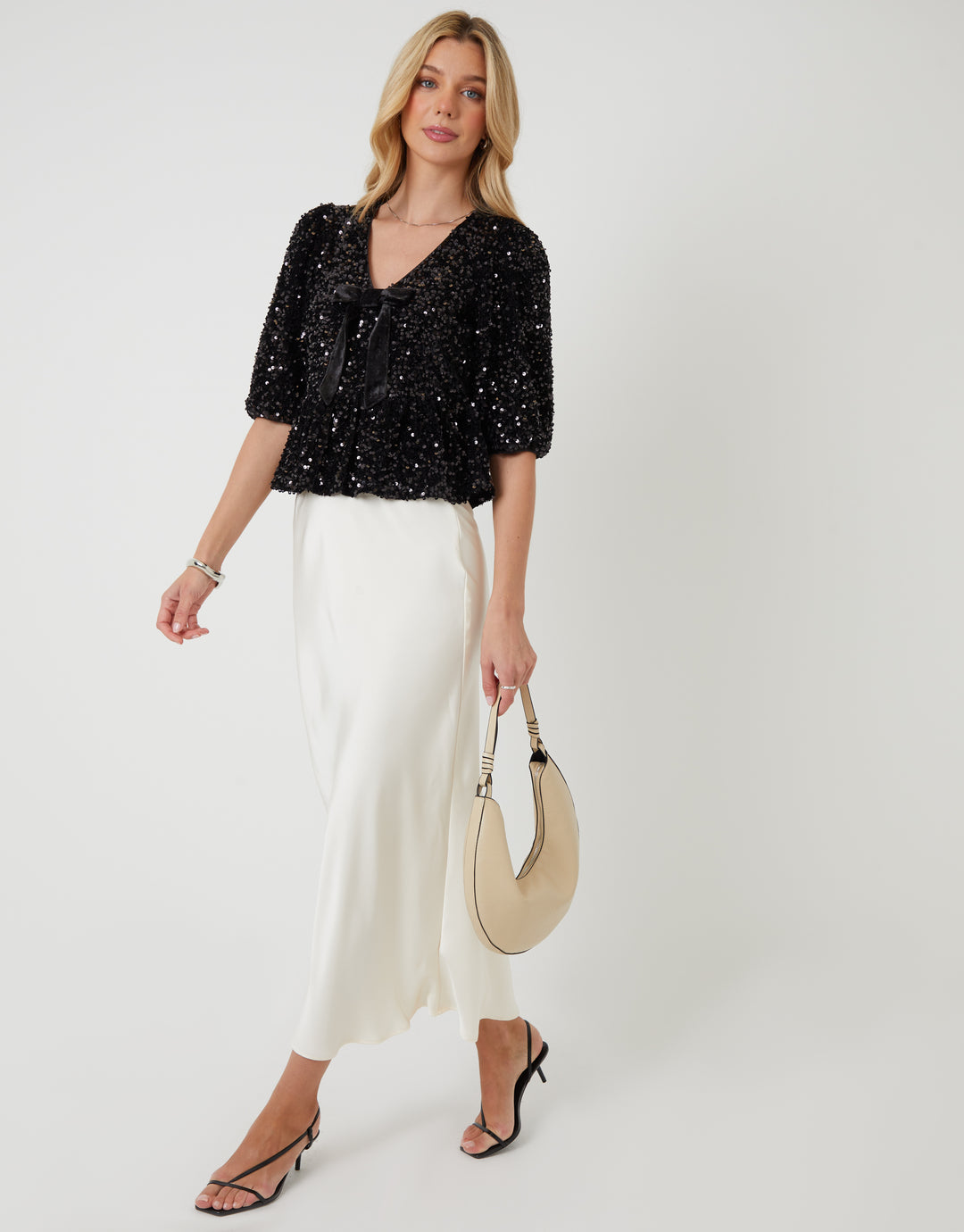 Black Sequin Velour Bow Detail Blouse