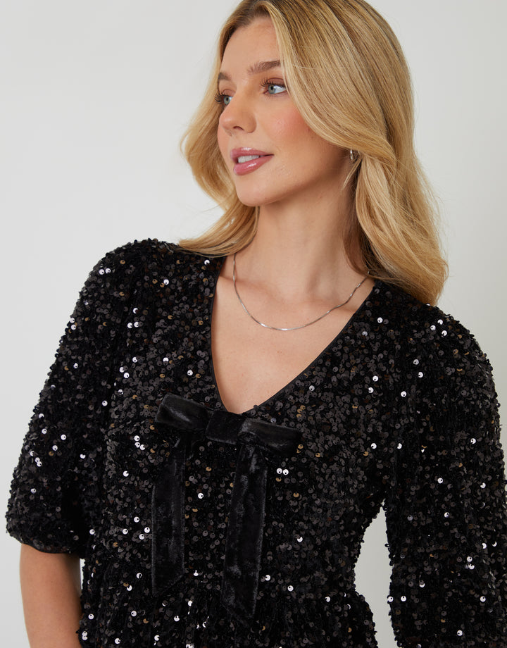 Black Sequin Velour Bow Detail Blouse