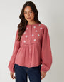 Pink Crinkle Texture Cotton Embroidered Button Up Blouse