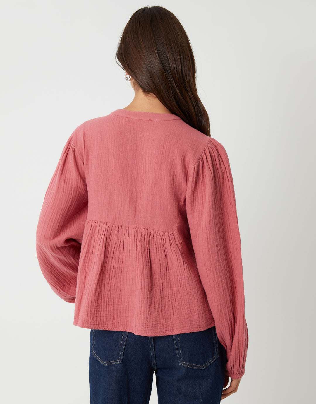 Pink Crinkle Texture Cotton Embroidered Button Up Blouse
