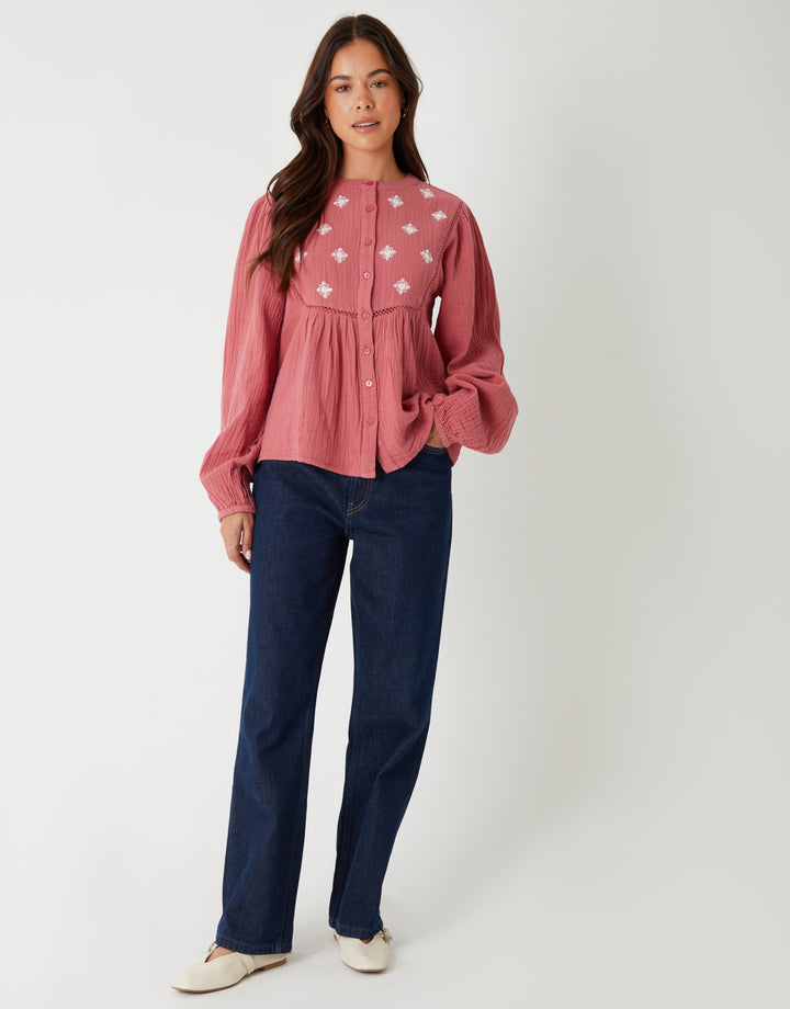 Pink Crinkle Texture Cotton Embroidered Button Up Blouse