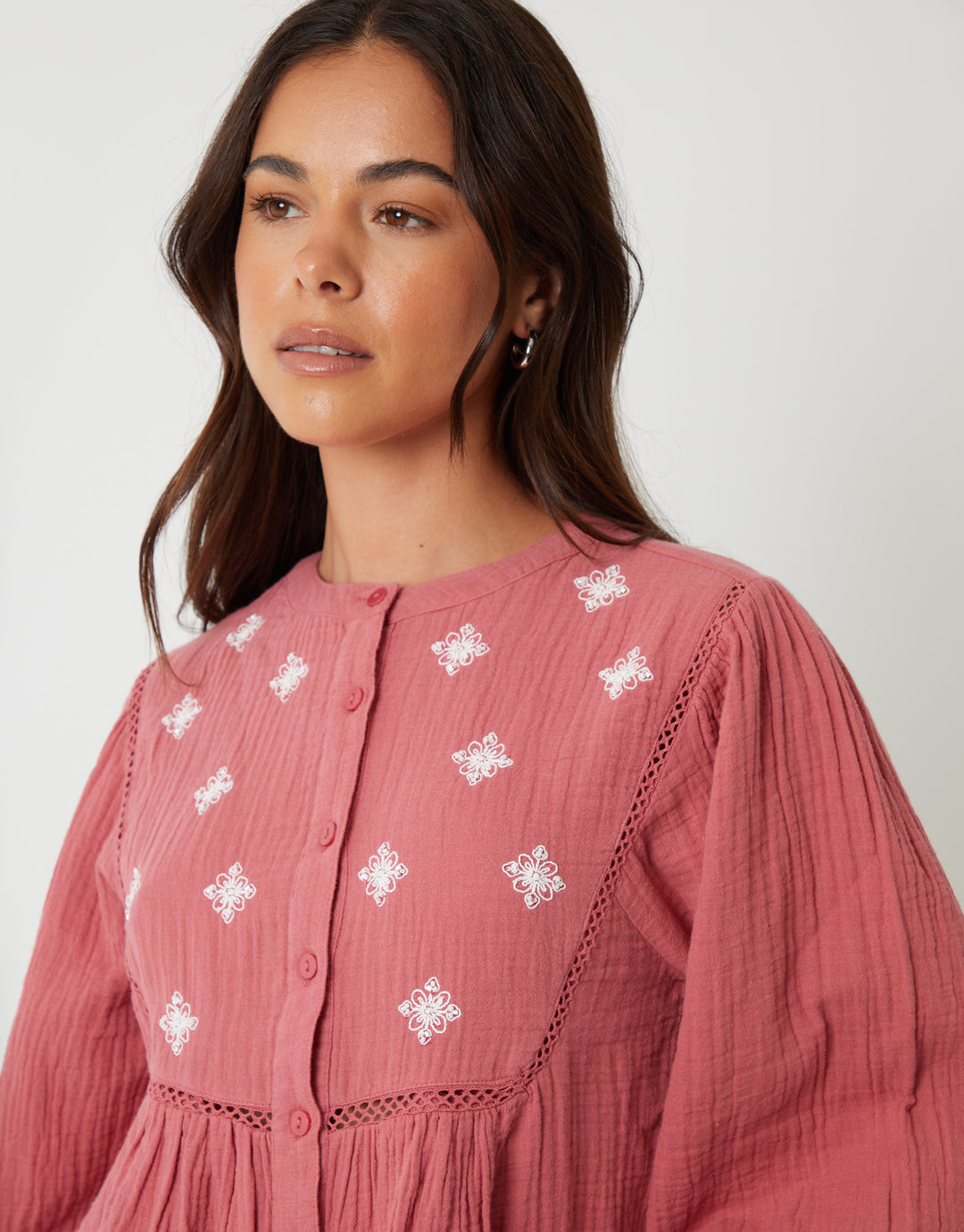Pink Crinkle Texture Cotton Embroidered Button Up Blouse