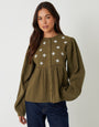 Khaki Green Crinkle Texture Cotton Embroidered Button Up Blouse