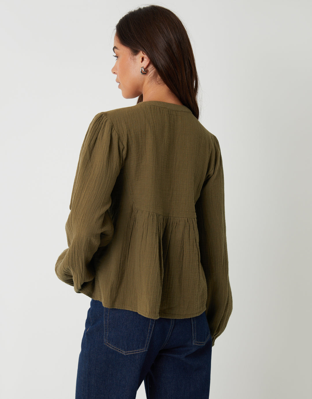 Khaki Green Crinkle Texture Cotton Embroidered Button Up Blouse