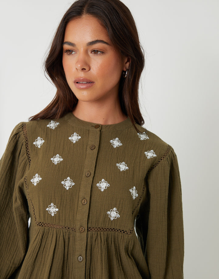 Khaki Green Crinkle Texture Cotton Embroidered Button Up Blouse