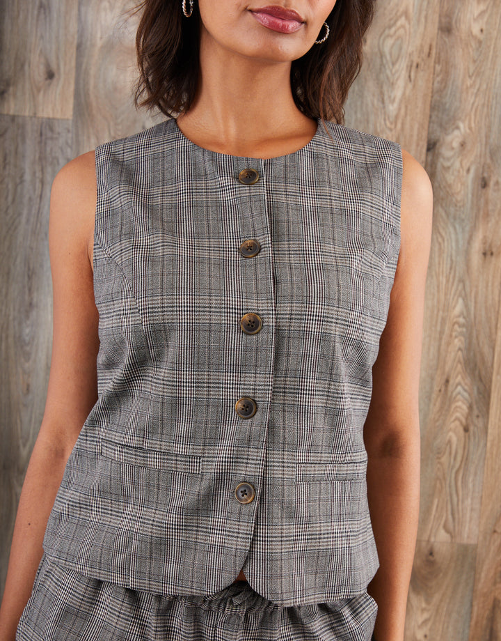 Grey Check Crew Neck Waistcoat