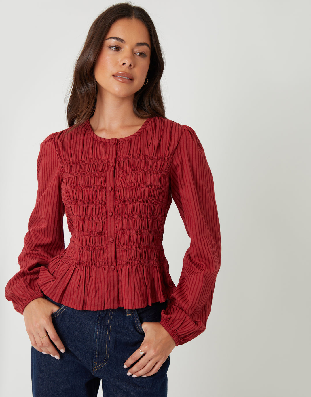 Rust Shirred Dobby Stripe Button Up Blouse