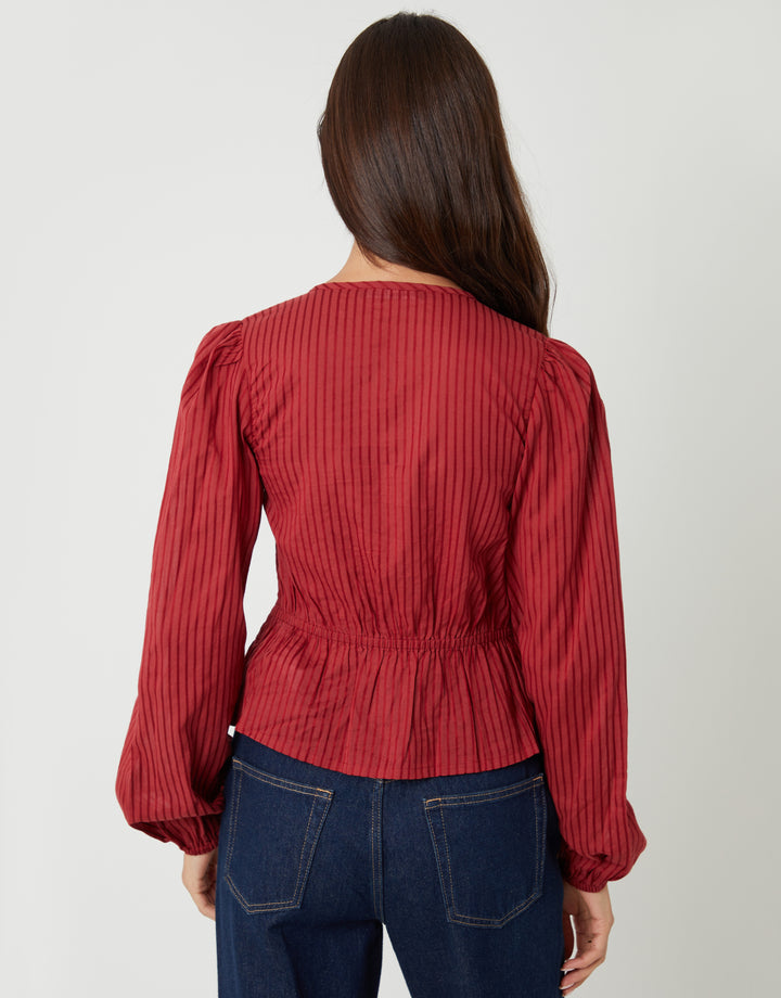 Rust Shirred Dobby Stripe Button Up Blouse