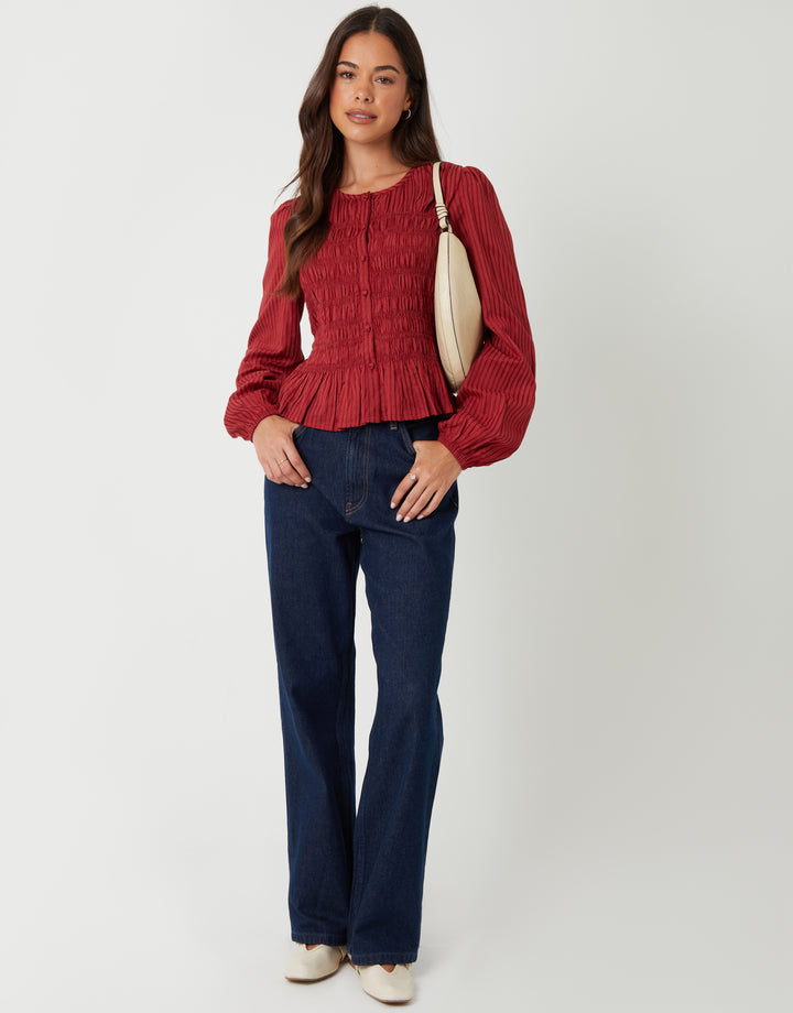 Rust Shirred Dobby Stripe Button Up Blouse