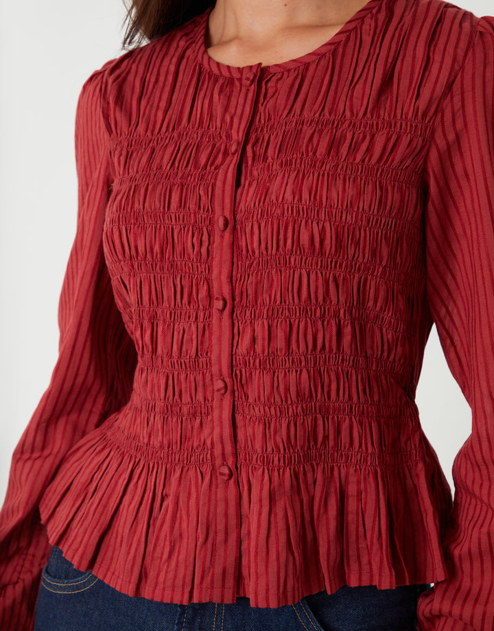 Rust Shirred Dobby Stripe Button Up Blouse