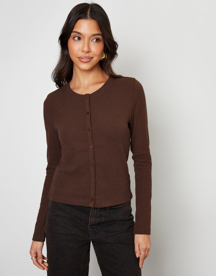 Chocolate Brown Ribbed Jersey Button Up Cardigan