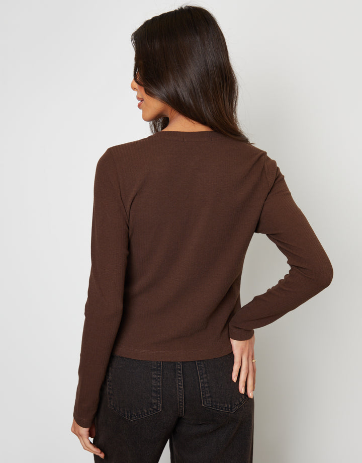 Chocolate Brown Ribbed Jersey Button Up Cardigan