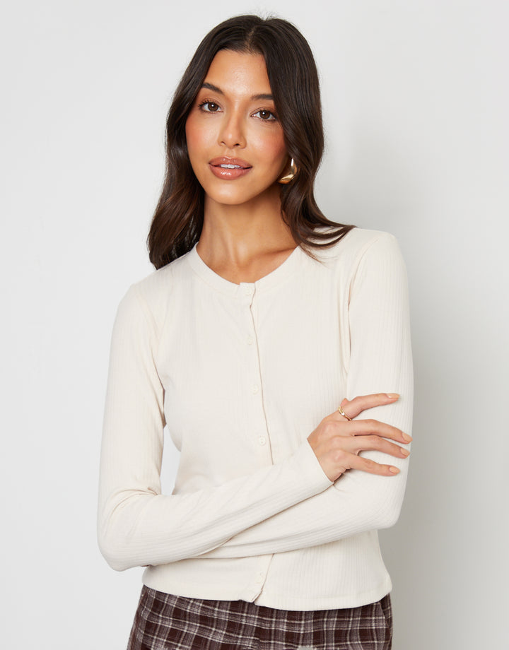Cream Ribbed Jersey Button Up Cardigan