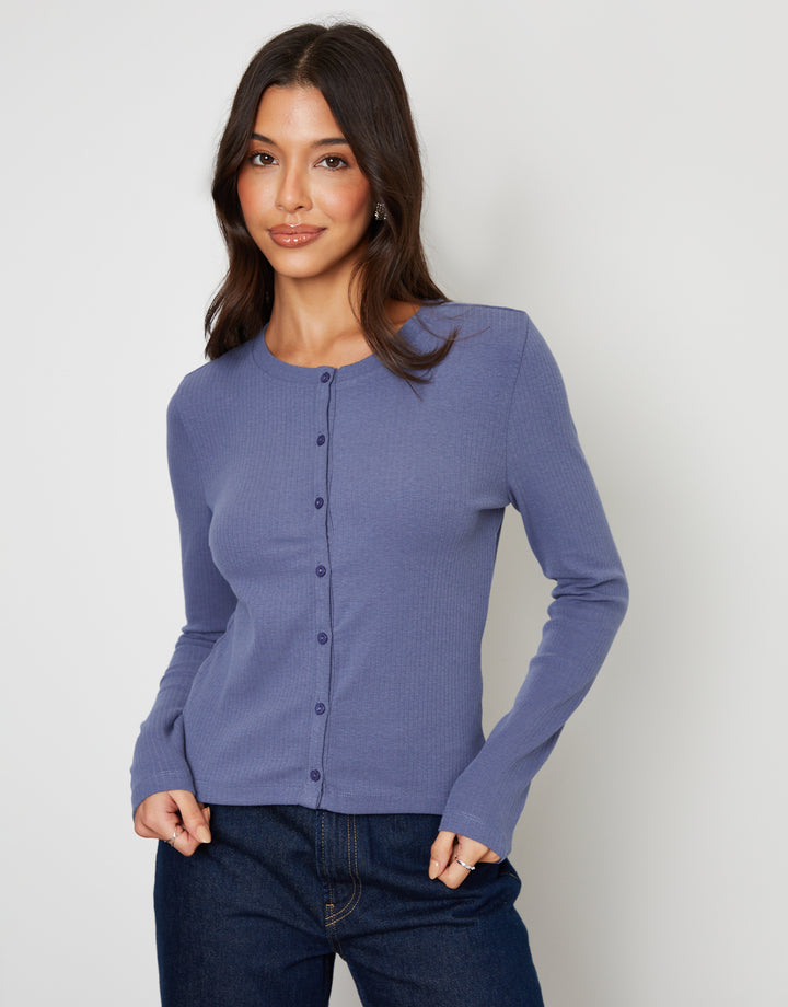 Blue Ribbed Jersey Button Up Cardigan