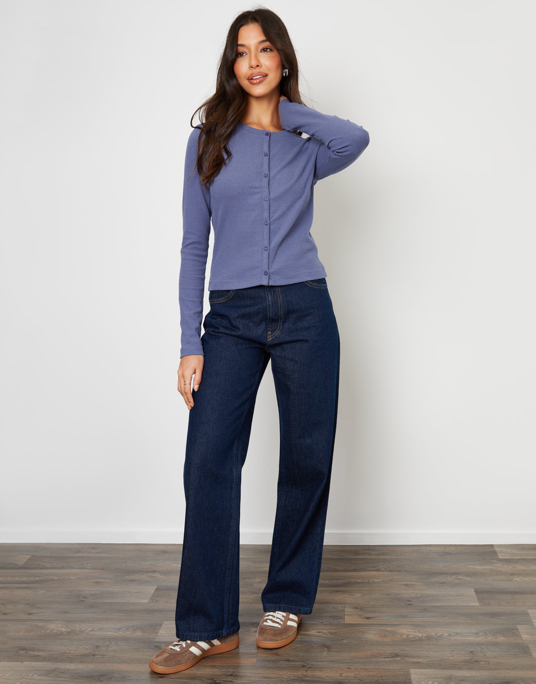 Blue Ribbed Jersey Button Up Cardigan