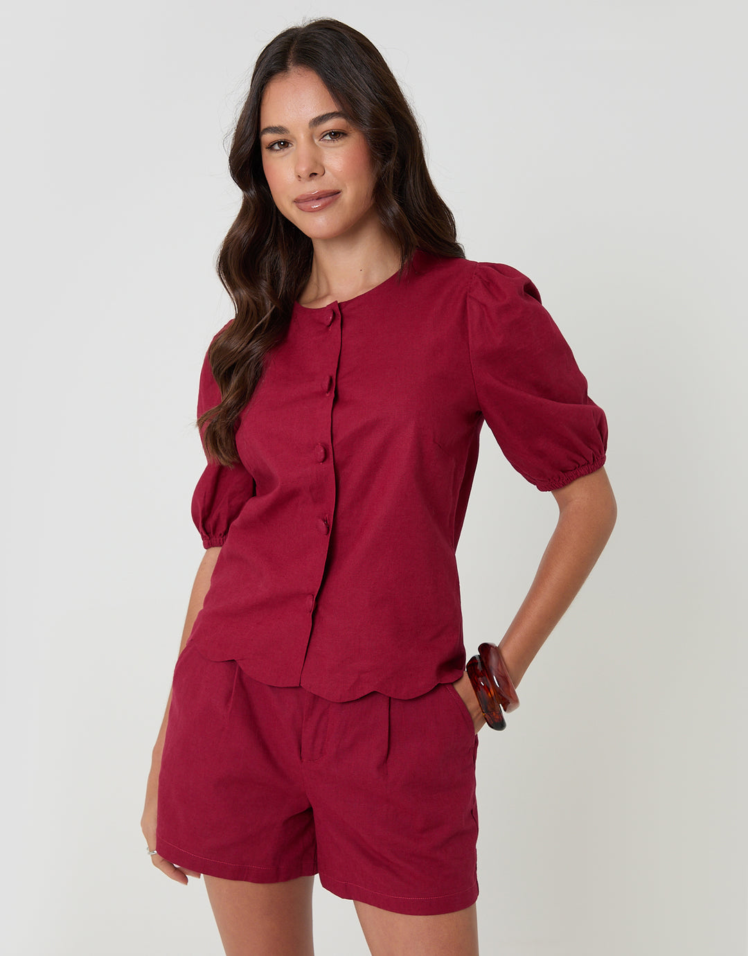 Red Linen Blend Puff Sleeve Top