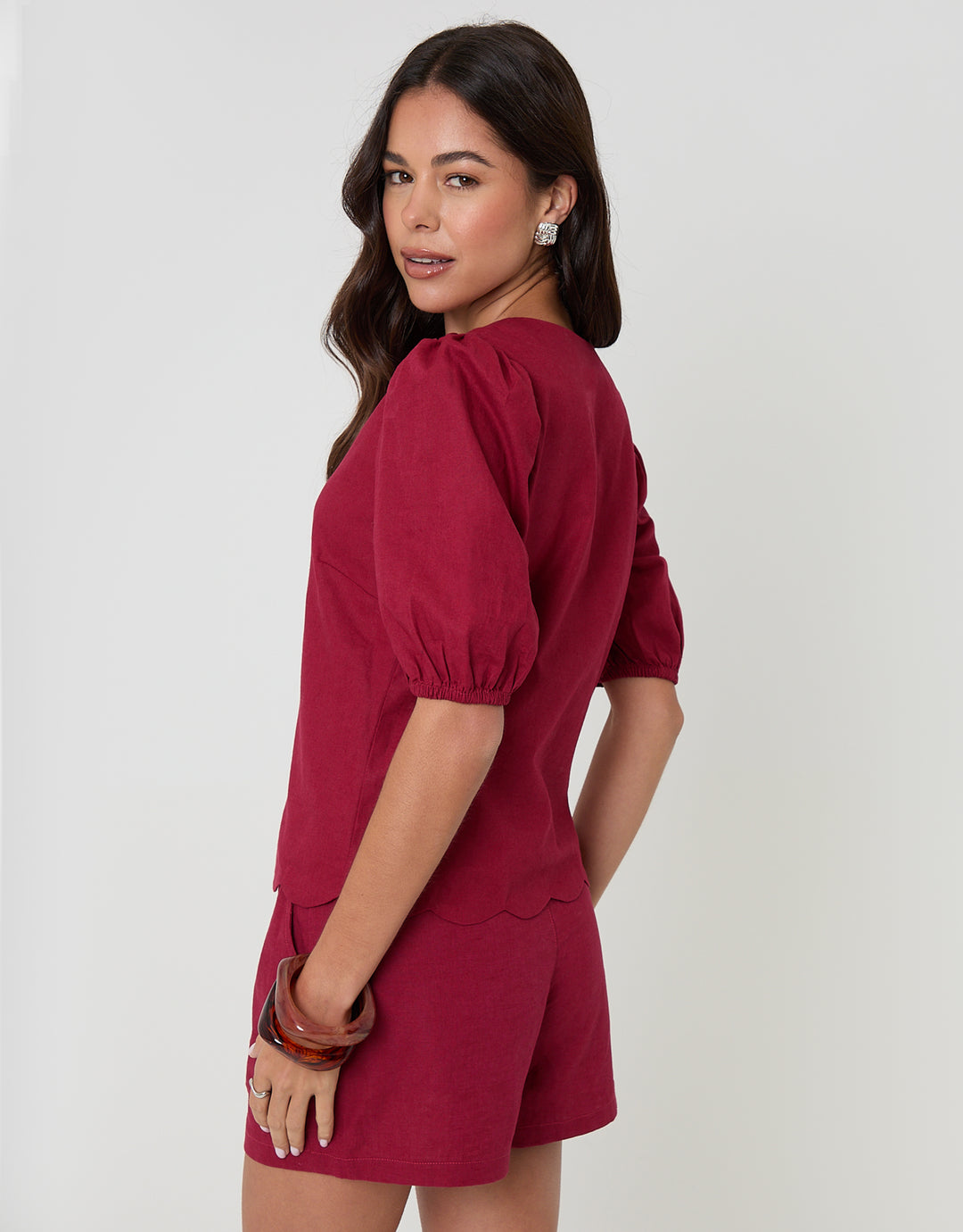 Red Linen Blend Puff Sleeve Top