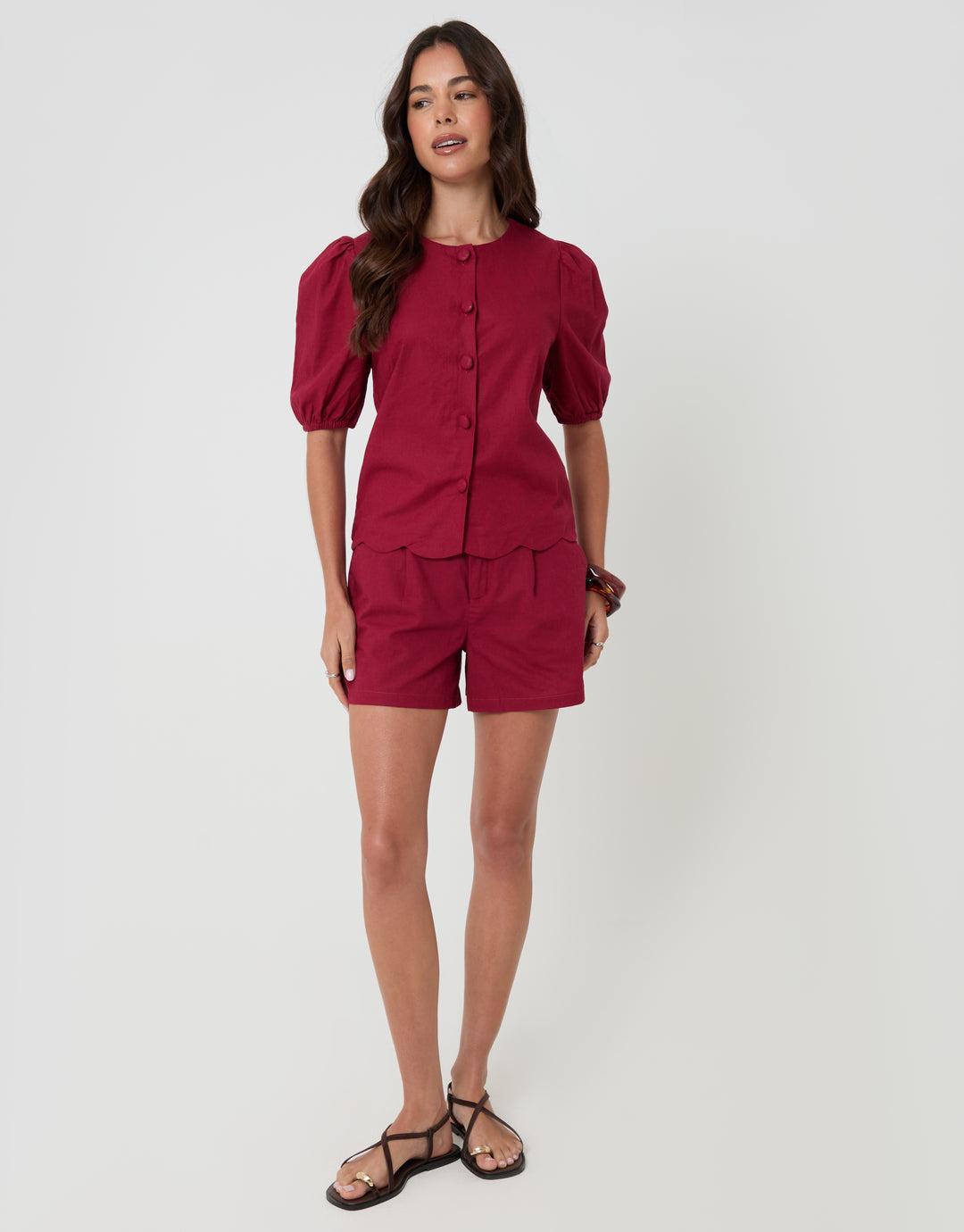 Red Linen Blend Puff Sleeve Top