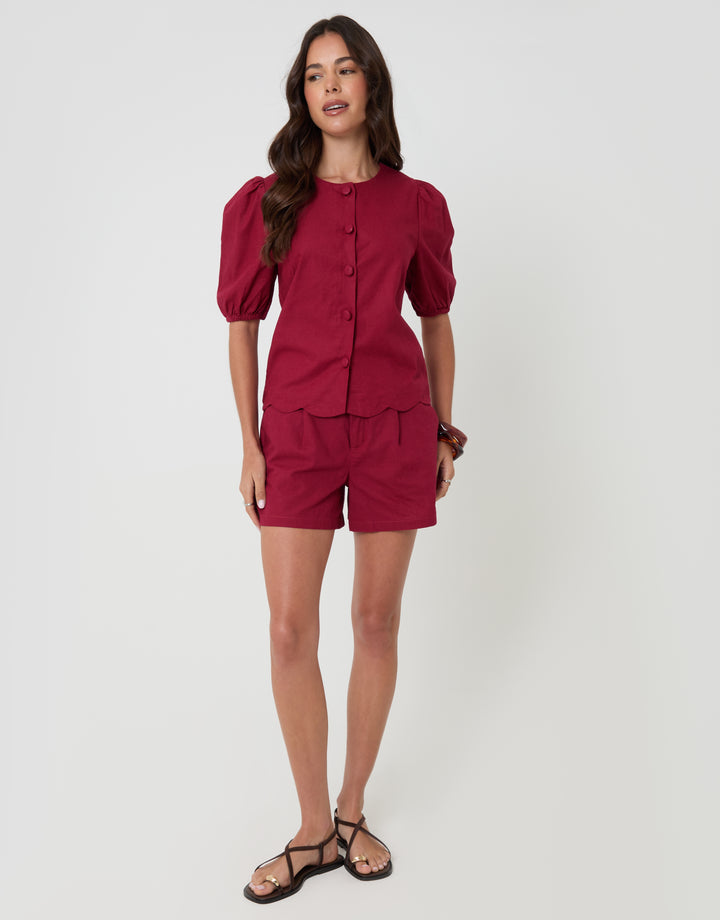 Red Linen Blend Puff Sleeve Top