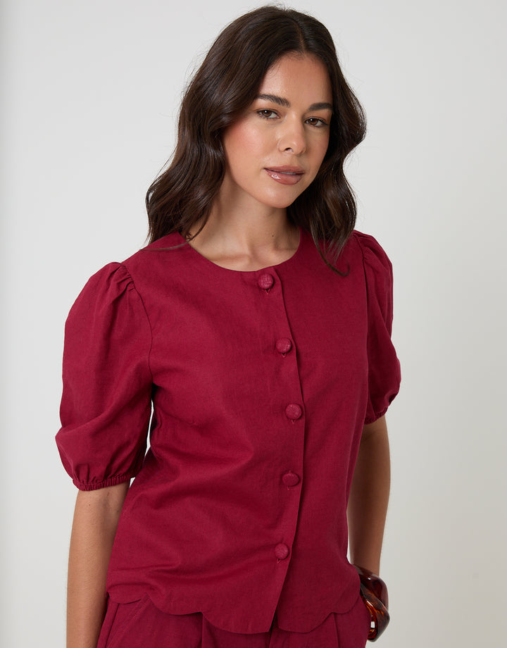 Red Linen Blend Puff Sleeve Top