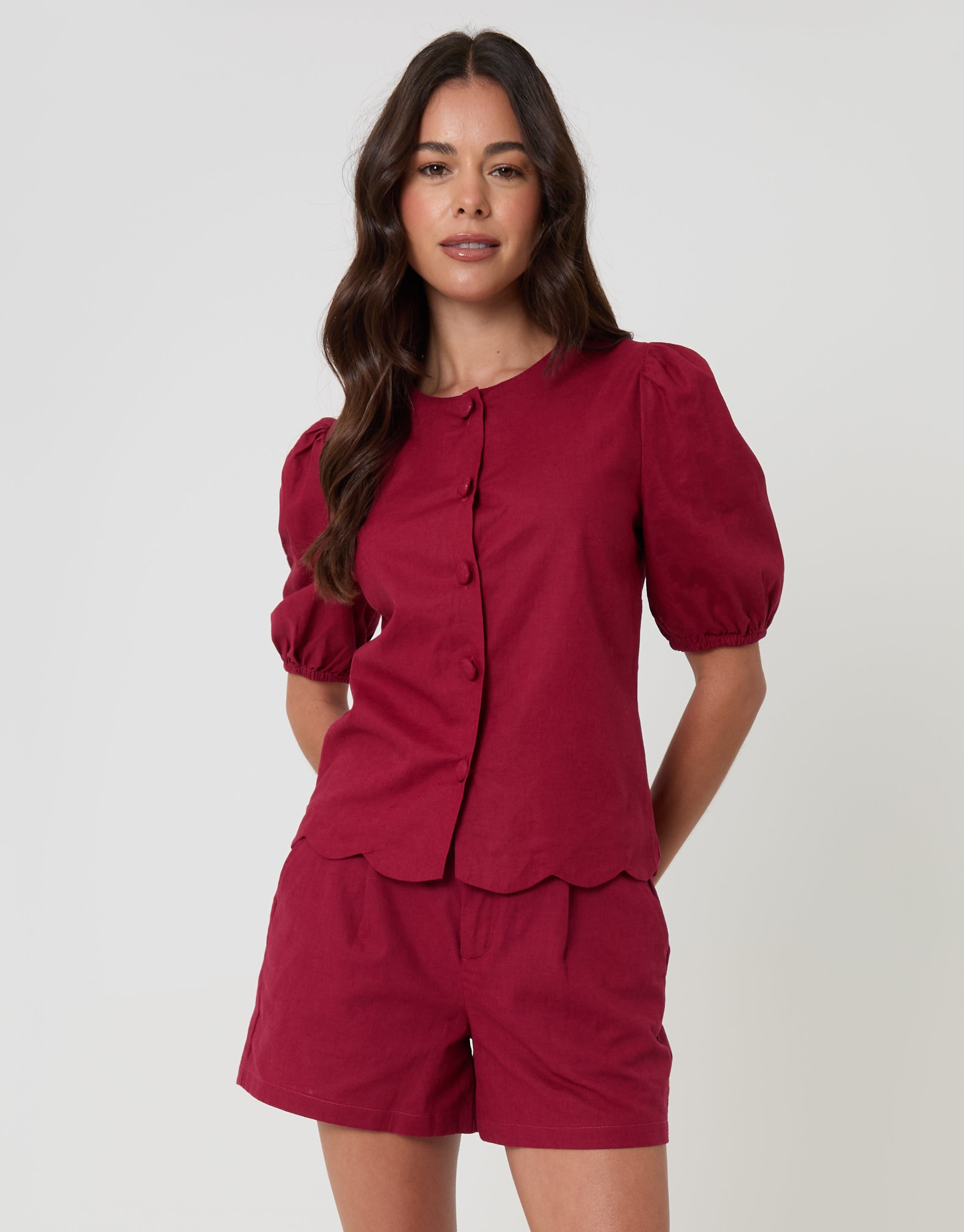 Red Linen Blend Puff Sleeve Top