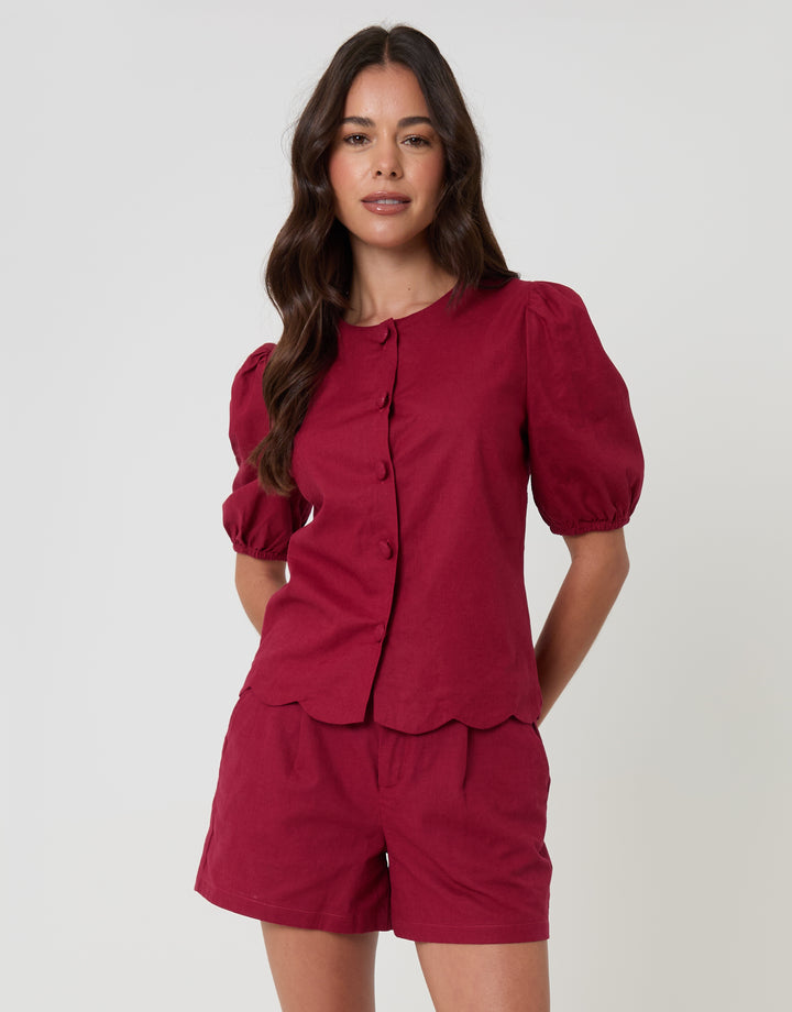 Red Linen Blend Puff Sleeve Top