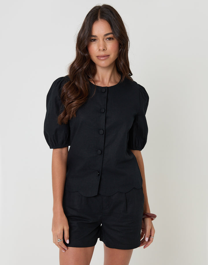 Black Linen Blend Puff Sleeve Top