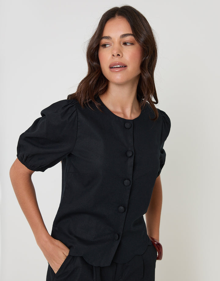 Black Linen Blend Puff Sleeve Top