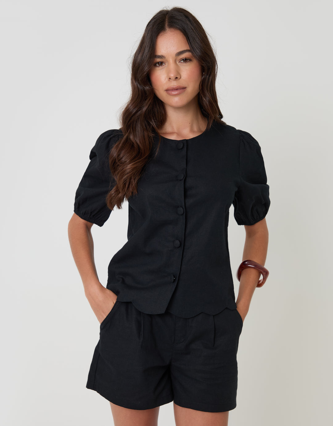 Black Linen Blend Puff Sleeve Top