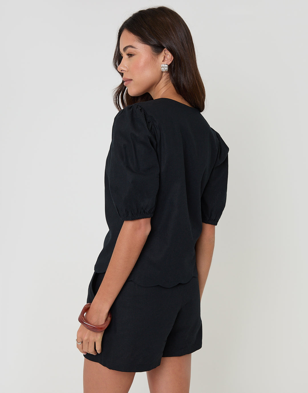 Black Linen Blend Puff Sleeve Top