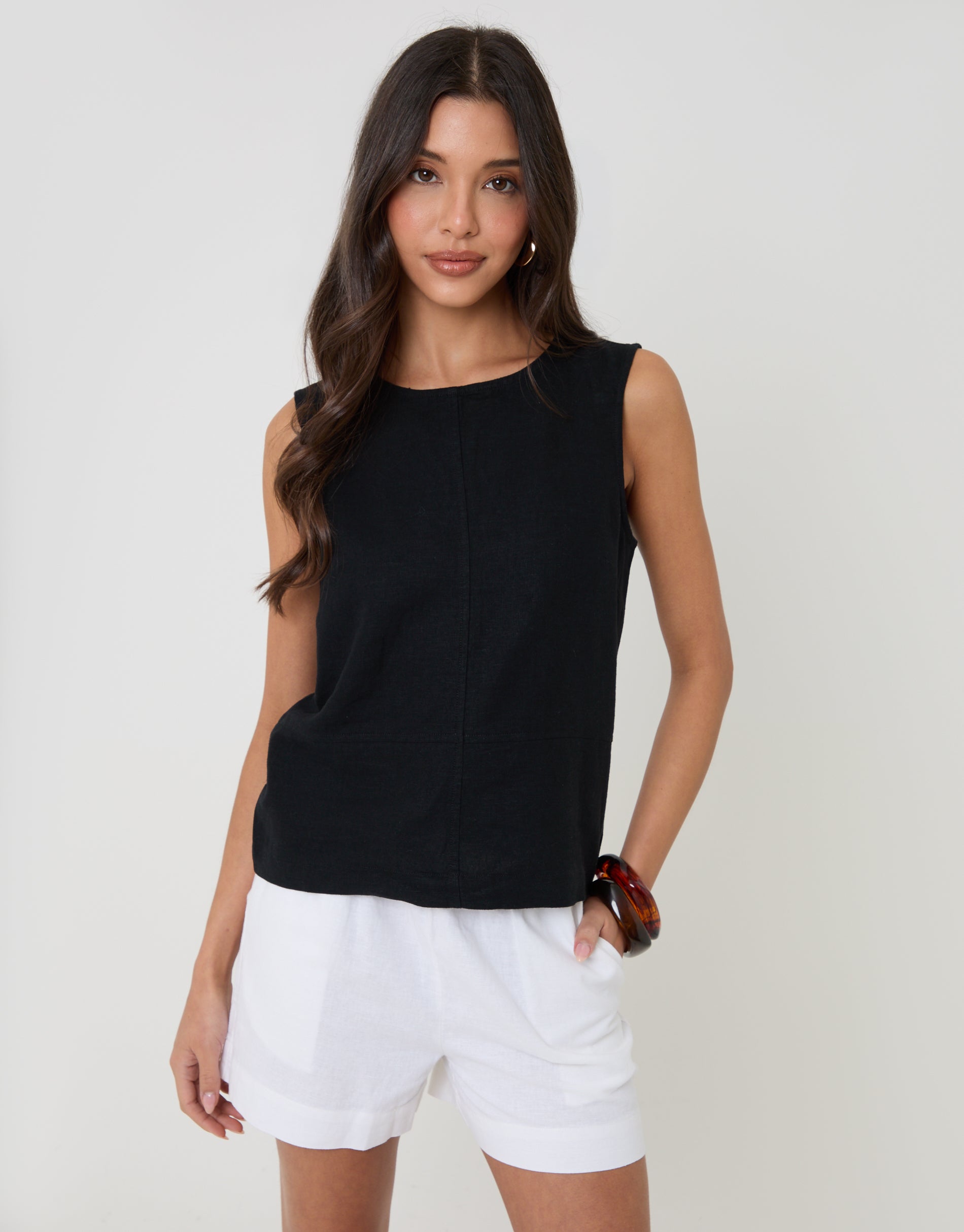 Black Linen Blend Tie-Back Shell Top