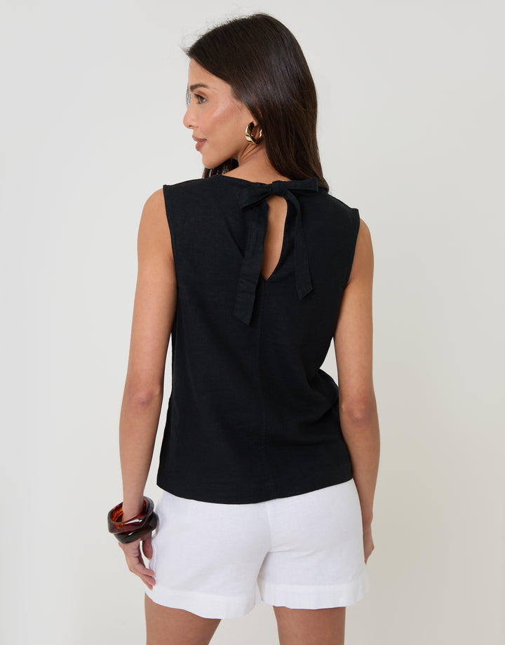 Black Linen Blend Tie-Back Shell Top