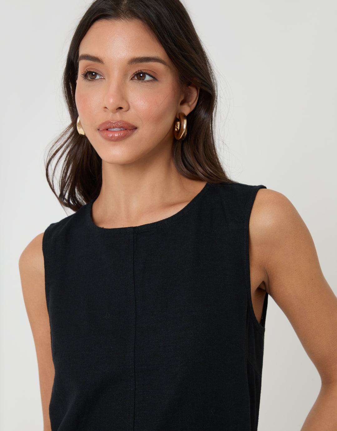 Black Linen Blend Tie-Back Shell Top
