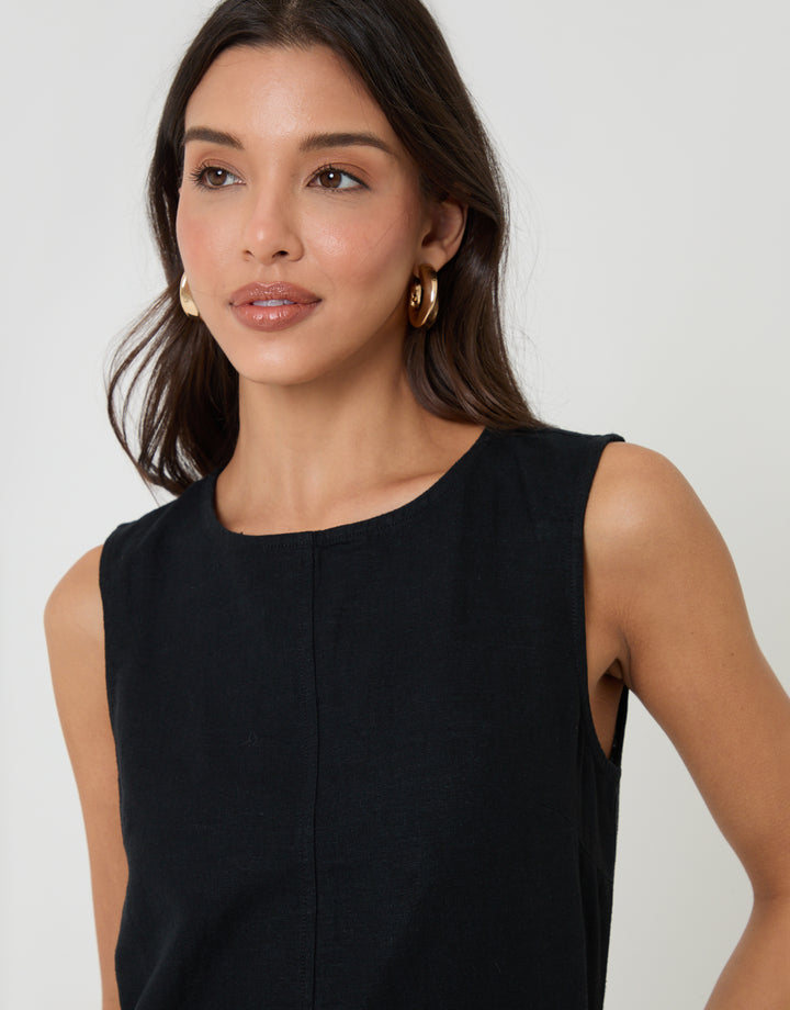Black Linen Blend Tie-Back Shell Top