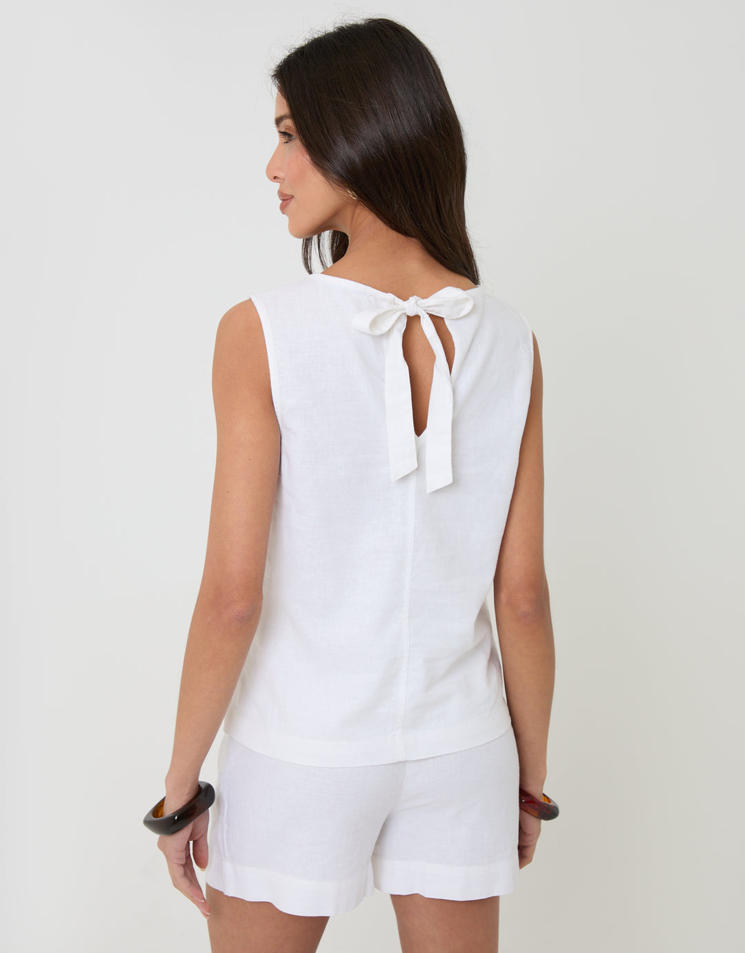White Linen Blend Tie-Back Shell Top