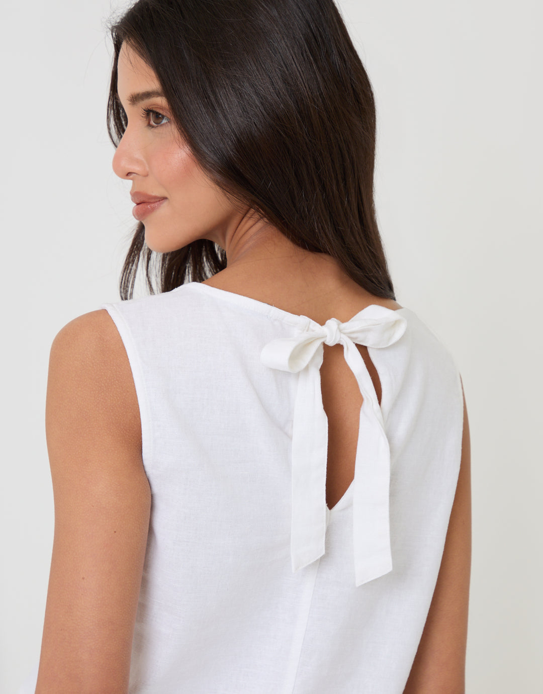 White Linen Blend Tie-Back Shell Top