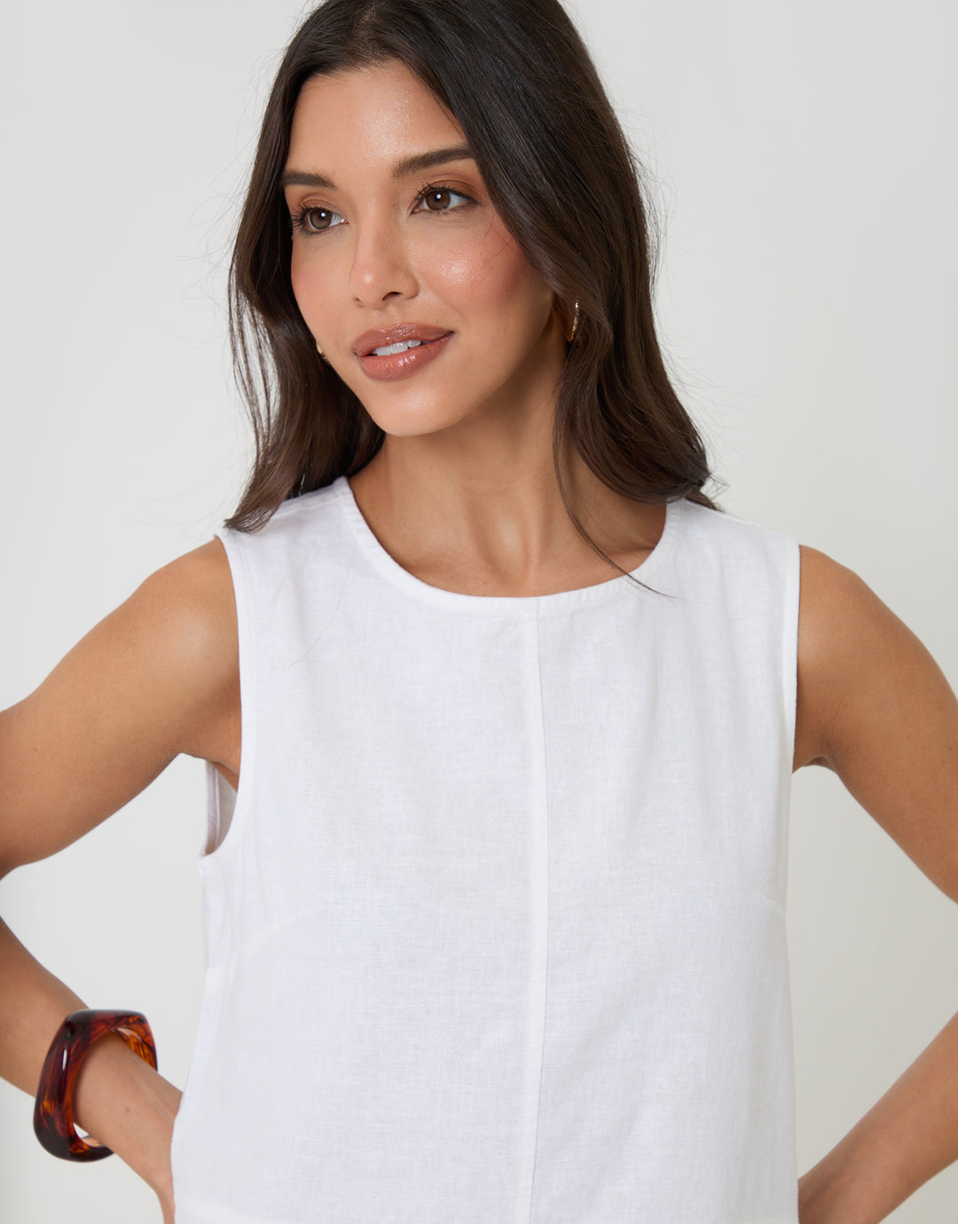 White Linen Blend Tie-Back Shell Top