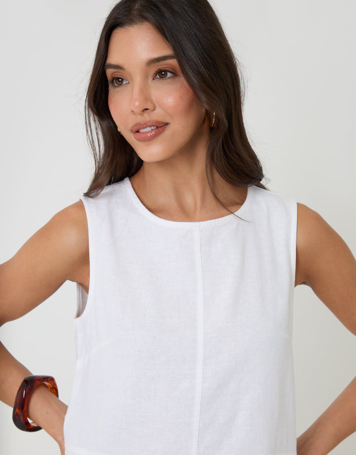 White Linen Blend Tie-Back Shell Top