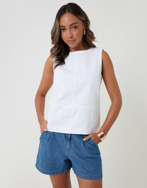 Threadbare Denim Tie-Back Shell Top in White - front view