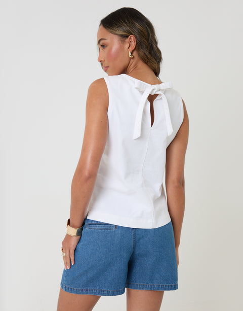 Threadbare Denim Tie-Back Shell Top in White - back view