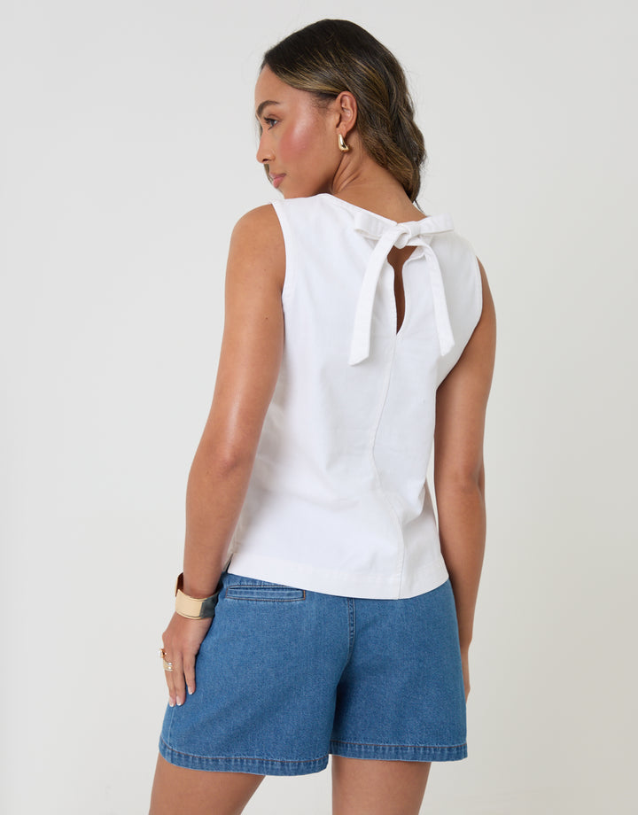 Threadbare Denim Tie-Back Shell Top in White - back view