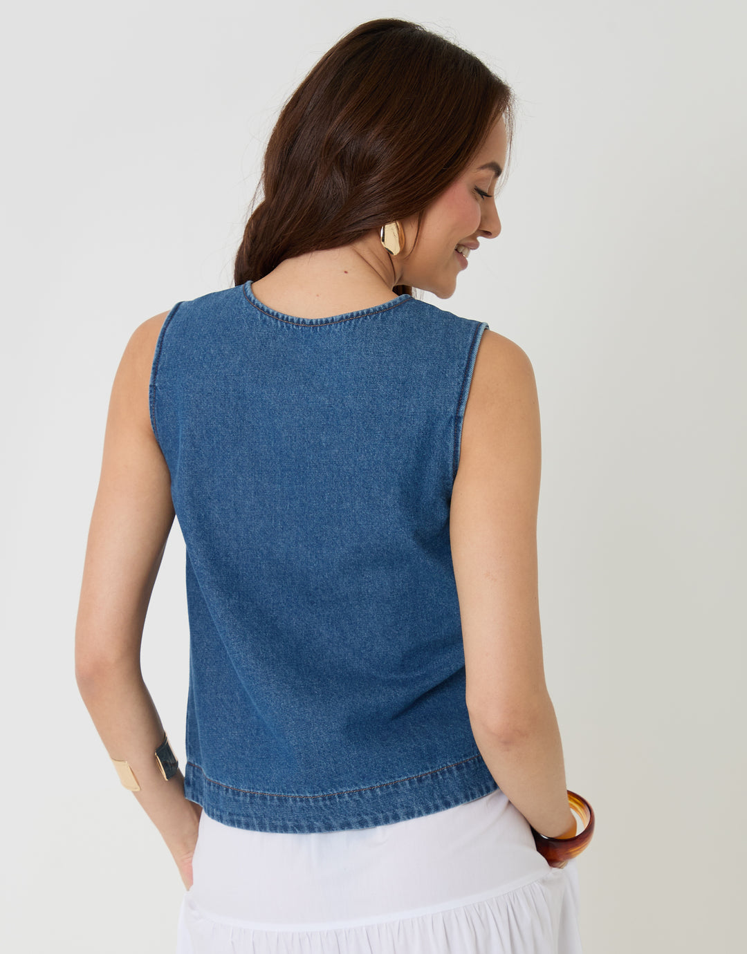 Threadbare Denim Button Up Top in Mid Wash - back view